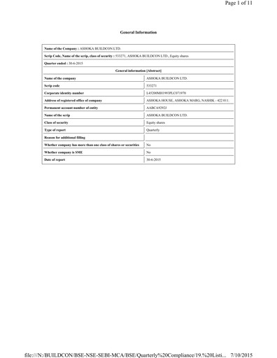 Thumbnail Ashoka Buildcon
 Quarterly Report 2015-q2