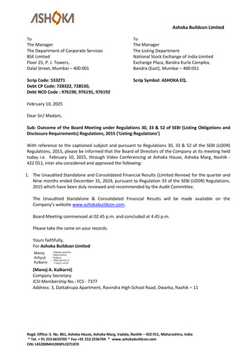 Miniature Ashoka Buildcon
 Rapport trimestriel 2024-q3