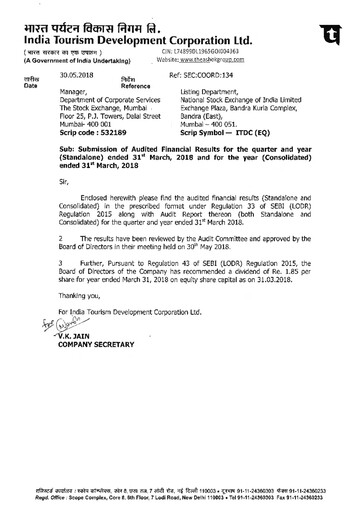 Thumbnail India Tourism Development Corp Financial Report 2017-2018