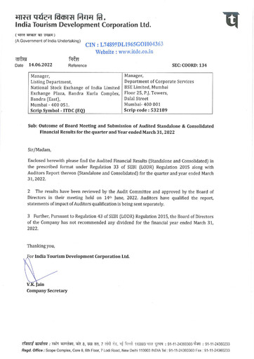 Thumbnail India Tourism Development Corp Financial Report 2021-2022