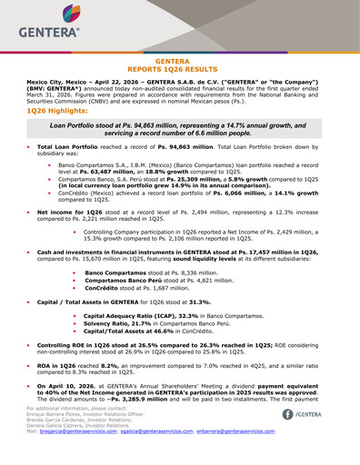 Thumbnail Gentera, S.A.B. de C.V. Quarterly Report 2026-q1