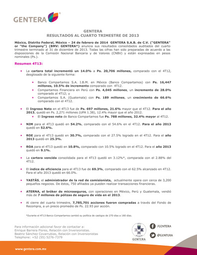 Vorschaubild Gentera, S.A.B. de C.V. Quartalsbericht 2013-q4