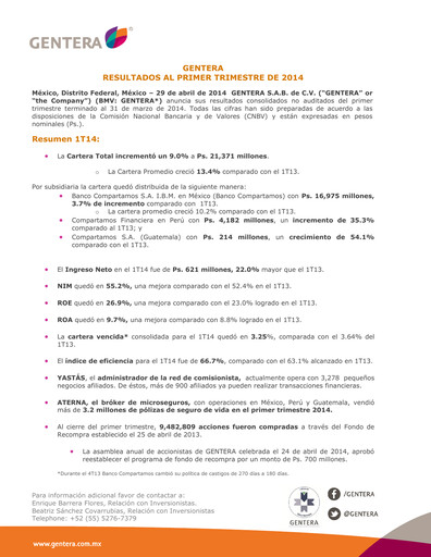 Vorschaubild Gentera, S.A.B. de C.V. Quartalsbericht 2014-q1