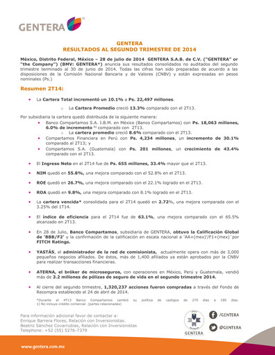 Vorschaubild Gentera, S.A.B. de C.V. Quartalsbericht 2014-q2