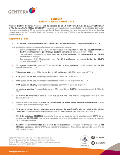 Vorschaubild Gentera, S.A.B. de C.V. Quartalsbericht 2014-q3