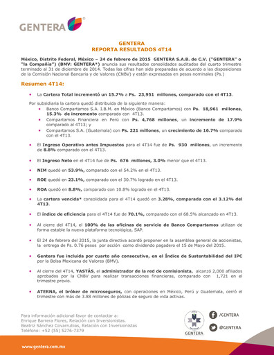 Vorschaubild Gentera, S.A.B. de C.V. Quartalsbericht 2014-q4