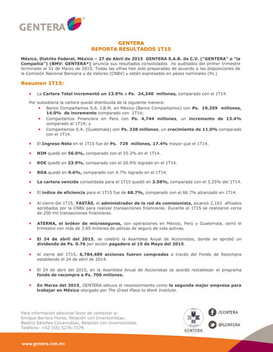 Vorschaubild Gentera, S.A.B. de C.V. Quartalsbericht 2015-q1