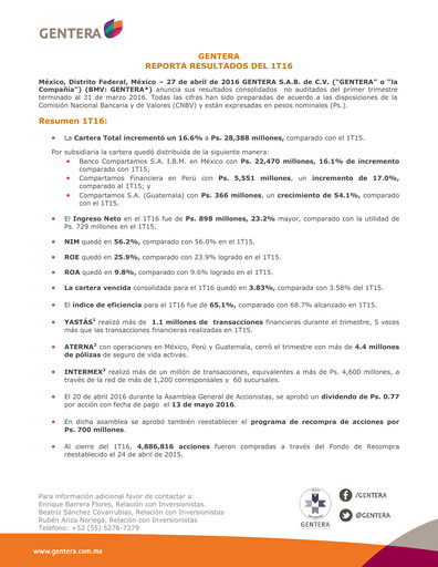 Vorschaubild Gentera, S.A.B. de C.V. Quartalsbericht 2016-q1