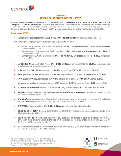 Vorschaubild Gentera, S.A.B. de C.V. Quartalsbericht 2017-q1