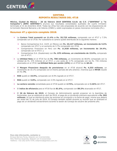 Vorschaubild Gentera, S.A.B. de C.V. Quartalsbericht 2018-q4