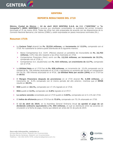 Vorschaubild Gentera, S.A.B. de C.V. Quartalsbericht 2019-q1