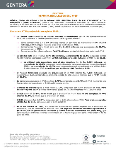 Vorschaubild Gentera, S.A.B. de C.V. Quartalsbericht 2019-q4