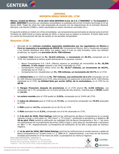 Vorschaubild Gentera, S.A.B. de C.V. Quartalsbericht 2020-q1