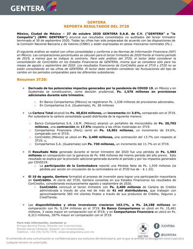 Vorschaubild Gentera, S.A.B. de C.V. Quartalsbericht 2020-q3