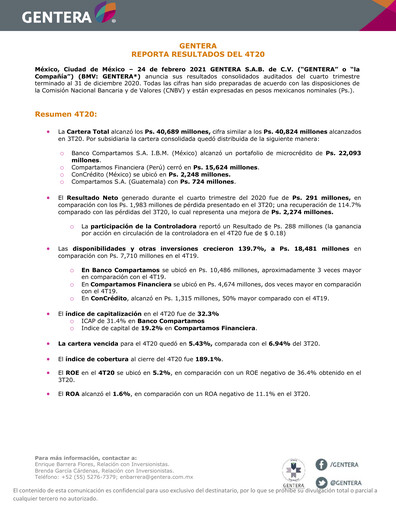 Vorschaubild Gentera, S.A.B. de C.V. Quartalsbericht 2020-q4