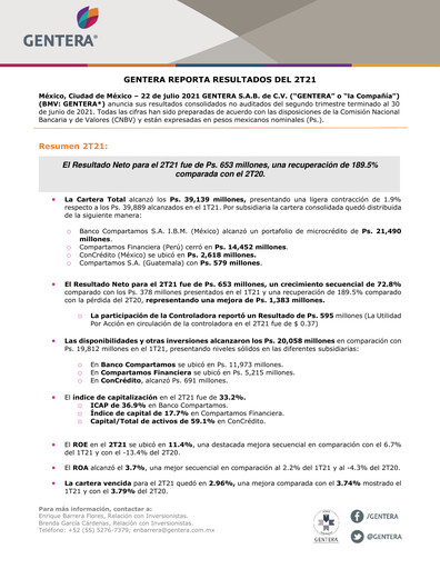 Vorschaubild Gentera, S.A.B. de C.V. Quartalsbericht 2021-q2