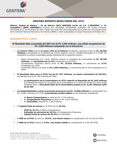 Vorschaubild Gentera, S.A.B. de C.V. Quartalsbericht 2021-q4