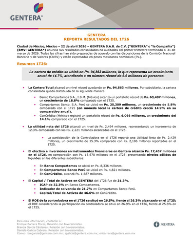 Thumbnail Gentera, S.A.B. de C.V. Quarterly Report 2026-q1