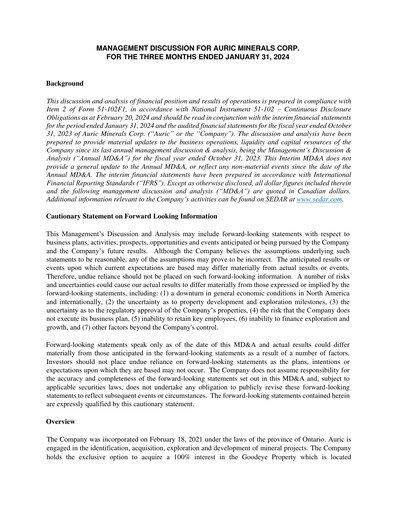 Miniature Auric Minerals Rapport trimestriel 2024-q1