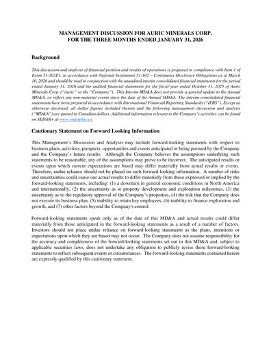 Miniature Auric Minerals Rapport trimestriel 2026-q1