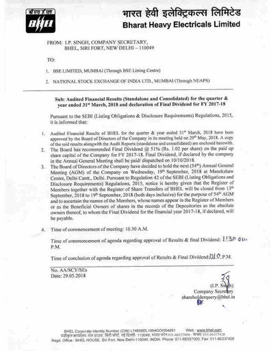 Vorschaubild Bharat Heavy Electricals Limited Finanzmitteilung 2017-2018
