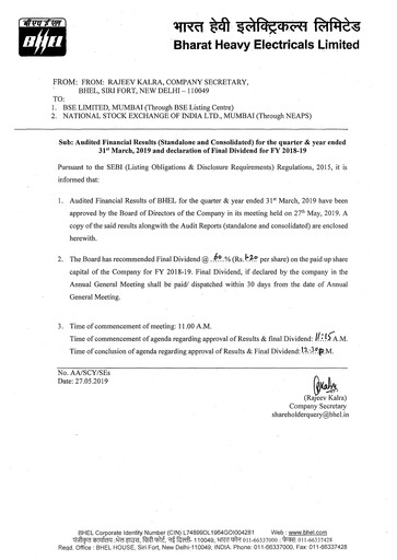 Vorschaubild Bharat Heavy Electricals Limited Finanzmitteilung 2018-2019