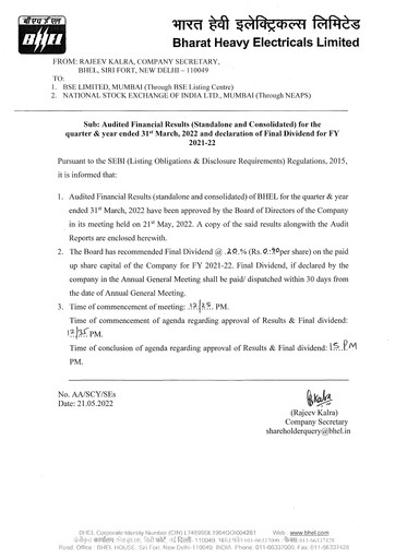 Vorschaubild Bharat Heavy Electricals Limited Finanzmitteilung 2021-2022