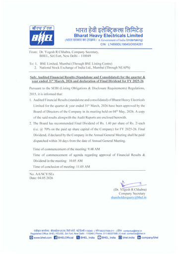 Thumbnail Bharat Heavy Electricals Limited Financial Statement 2025-2026