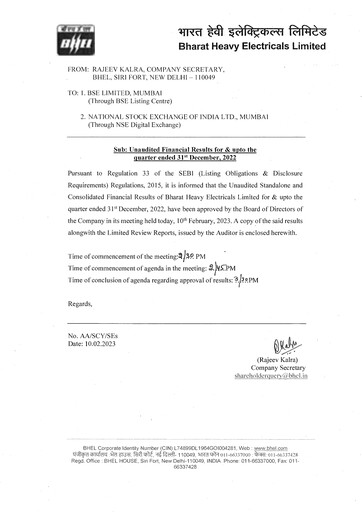 Vorschaubild Bharat Heavy Electricals Limited Quartalsbericht 2022-q3