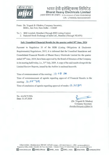 Vorschaubild Bharat Heavy Electricals Limited Quartalsbericht 2024-q1