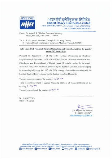Thumbnail Bharat Heavy Electricals Limited Quarterly Report 2026-q1
