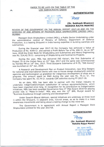 Thumbnail Mazagon Dock Shipbuilders Limited Annual Report 2017-2018