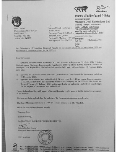 Thumbnail Mazagon Dock Shipbuilders Limited Quarterly Report 2020-q3