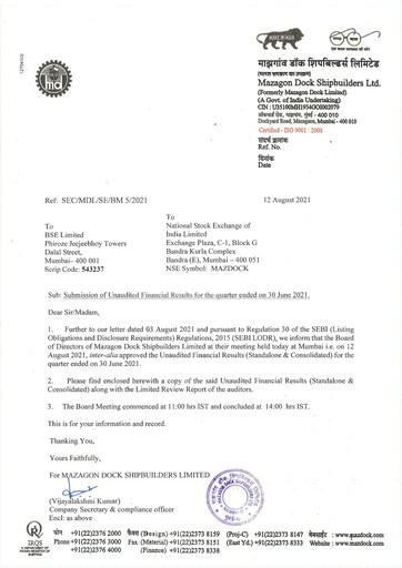 Thumbnail Mazagon Dock Shipbuilders Limited Quarterly Report 2021-q1