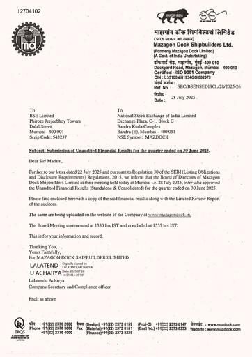 Thumbnail Mazagon Dock Shipbuilders Limited Quarterly Report 2025-q1