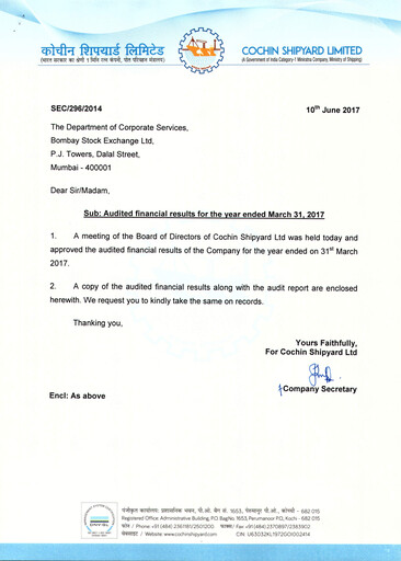 Thumbnail Cochin Shipyard Limited Financial Statement 2016-2017