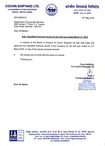 Thumbnail Cochin Shipyard Limited Half-year Report 2015-h2