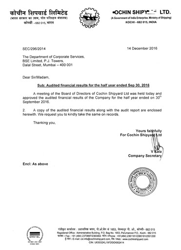 Thumbnail Cochin Shipyard Limited Half-year Report 2016-h1