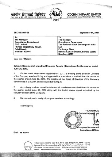 Miniature Cochin Shipyard Limited Rapport trimestriel 2017-q1