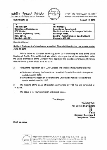 Miniature Cochin Shipyard Limited Rapport trimestriel 2018-q1
