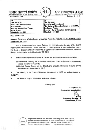Miniature Cochin Shipyard Limited Rapport trimestriel 2018-q2