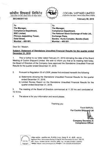 Miniature Cochin Shipyard Limited Rapport trimestriel 2018-q3