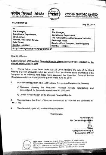 Miniature Cochin Shipyard Limited Rapport trimestriel 2019-q1