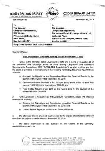 Miniature Cochin Shipyard Limited Rapport trimestriel 2019-q2