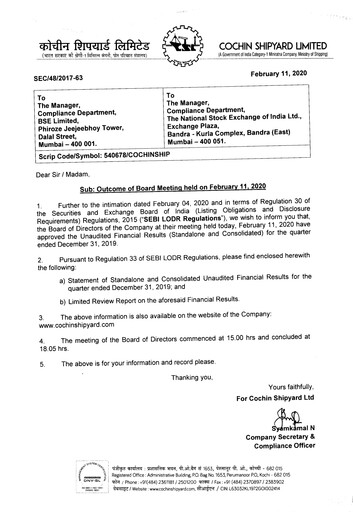 Miniature Cochin Shipyard Limited Rapport trimestriel 2019-q3