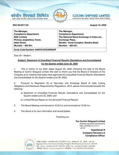 Miniature Cochin Shipyard Limited Rapport trimestriel 2020-q1