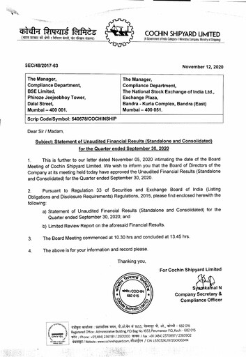 Miniature Cochin Shipyard Limited Rapport trimestriel 2020-q2