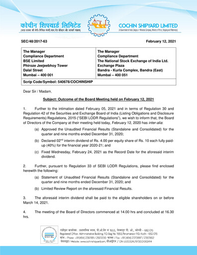 Miniature Cochin Shipyard Limited Rapport trimestriel 2020-q3