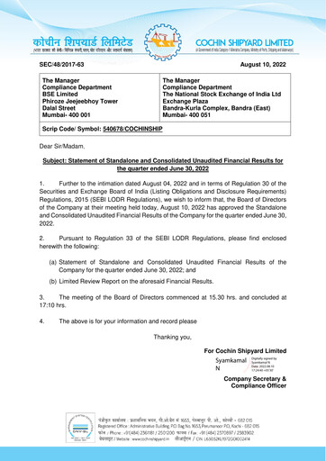 Miniature Cochin Shipyard Limited Rapport trimestriel 2022-q1