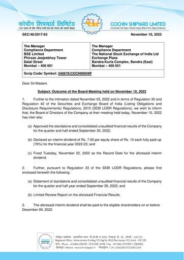 Miniature Cochin Shipyard Limited Rapport trimestriel 2022-q2